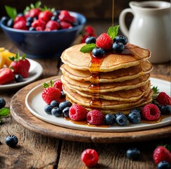 A close-up of a stack of fluffy pancakes topped with fresh berries and maple syrup, set on a rustic wooden table with soft, natural light.
