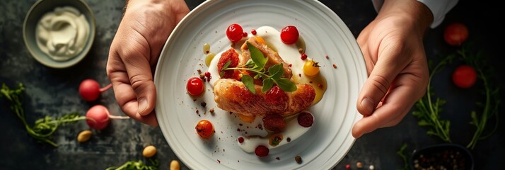 A plate of food is being held by a person, with a variety of ingredients including meat, vegetables, and fruit. The plate is placed on a table, and there are several other items on the table