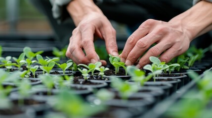 Fototapeta premium Greenhouse Gardener Nurturing Life in Vertical Farming Closeup of Hands Planting Seedlings Sustainable Agriculture Concept
