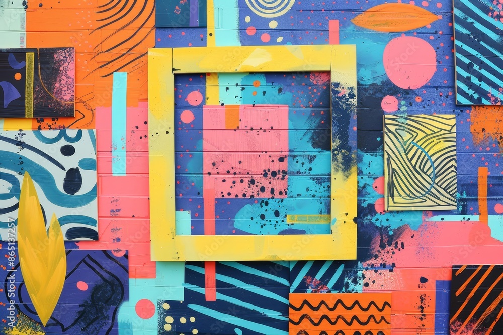 Poster a vivid wall adorned with a single picture frame in a colorful display, a whimsical design featuring