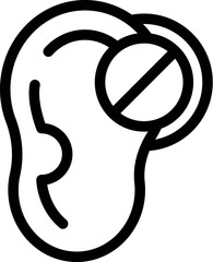 Line icon of an ear with a crossed pill, representing hearing loss and the importance of ear health