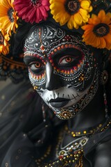 Dia De Los Muertos, La Catrina Makeup Portrait: A close-up of a woman with intricate Catrina makeup, adorned with vibrant flowers in her hair and traditional Mexican attire.