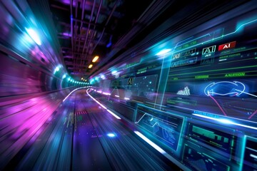 AI in Futuristic Cityscape, High speed Technology, Blue and Purple Light, Digital Innovation, Artificial Intelligence Integration