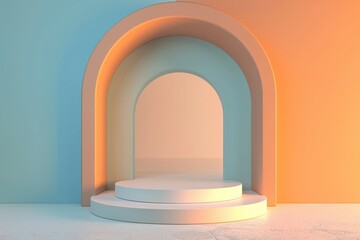 Fototapeta premium Minimalist 3D rendering of an empty round stage podium on a marble floor with blue and orange walls and archways. Concept of product placement, exhibition, and presentation.