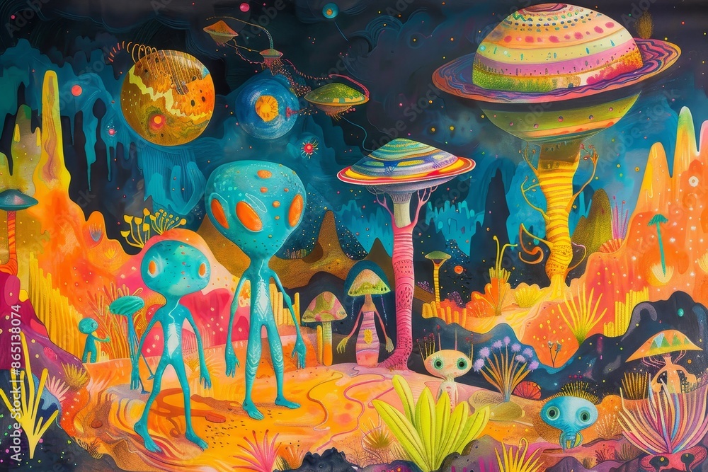 Poster a whimsical painting of a family of aliens exploring an unknown land with a spaceship, a whimsical d