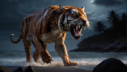 3D tiger in the moonlit night Saber-toothed Tiger fearsome muscular predator is shown with sharp teeth at the beach illustration 