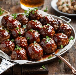 A close-up of BBQ meatballs, glazed with a sticky sauce and charred on the grill.