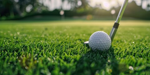 Close up golf ball and club on grassy field at golden hour. Golf advertising campaign.