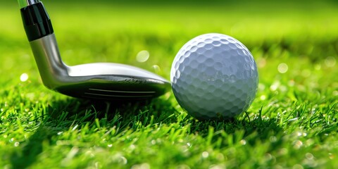 Close up golf ball and club on grassy dewy field at golden hour. Golf advertising campaign.