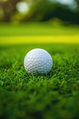 Obraz premium Close up golf ball on grassy field at golden hour. Golf advertising campaign.