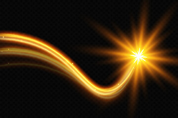 Light wave of shiny gold lines.Gold color glowing design element.Wavy bright stripes.	
