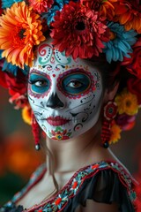 Dia De Los Muertos, La Catrina Makeup Portrait: A close-up of a woman with intricate Catrina makeup, adorned with vibrant flowers in her hair and traditional Mexican attire.
