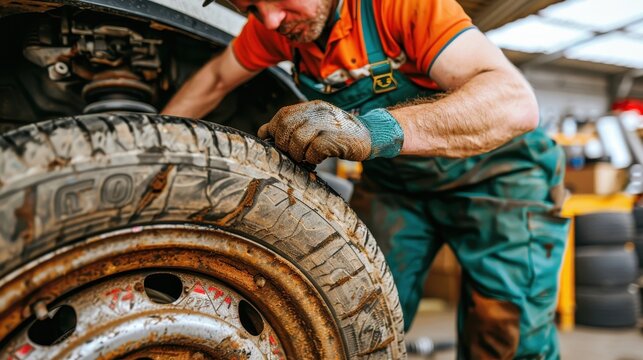 Mechanic performing tire alignment with laser tools in sleek workshop.
