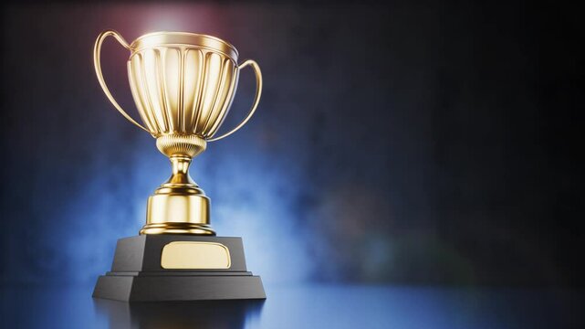 The camera is approaching the trophy, the winner's cup. Winner's reward. First place in a computer game. Top Performance Award. Winners Cup. Achievements. Victory.