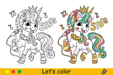Unicorn singer and lettering kids coloring with template vector