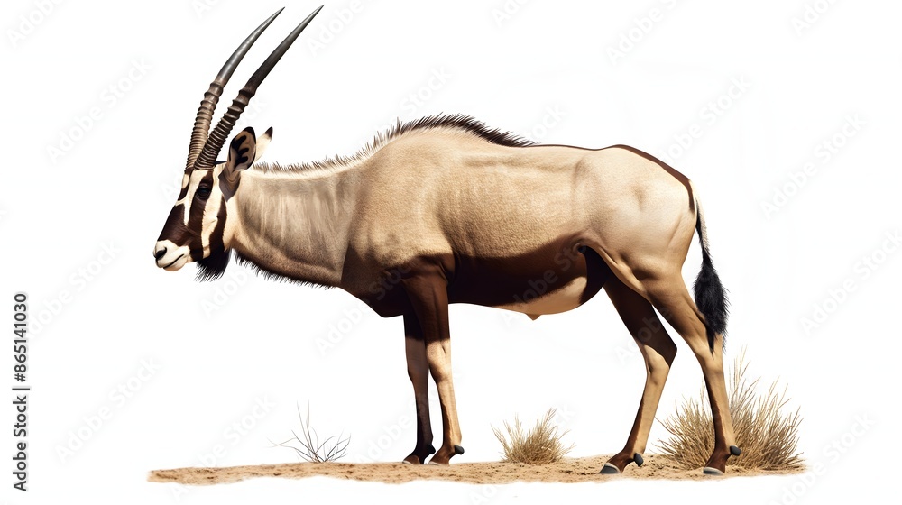 Poster 2. create a detailed illustration of a gemsbok showing its distinctive horns and elegant posture, wi