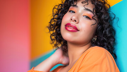 Fototapeta premium Woman with curly hair and red lipstick in front of a colorful wall, displaying style and beauty