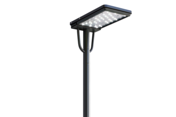 Modern street lamp post with a rectangular LED light fixture.  Isolated on a black background.  Perfect for urban design and infrastructure projects.