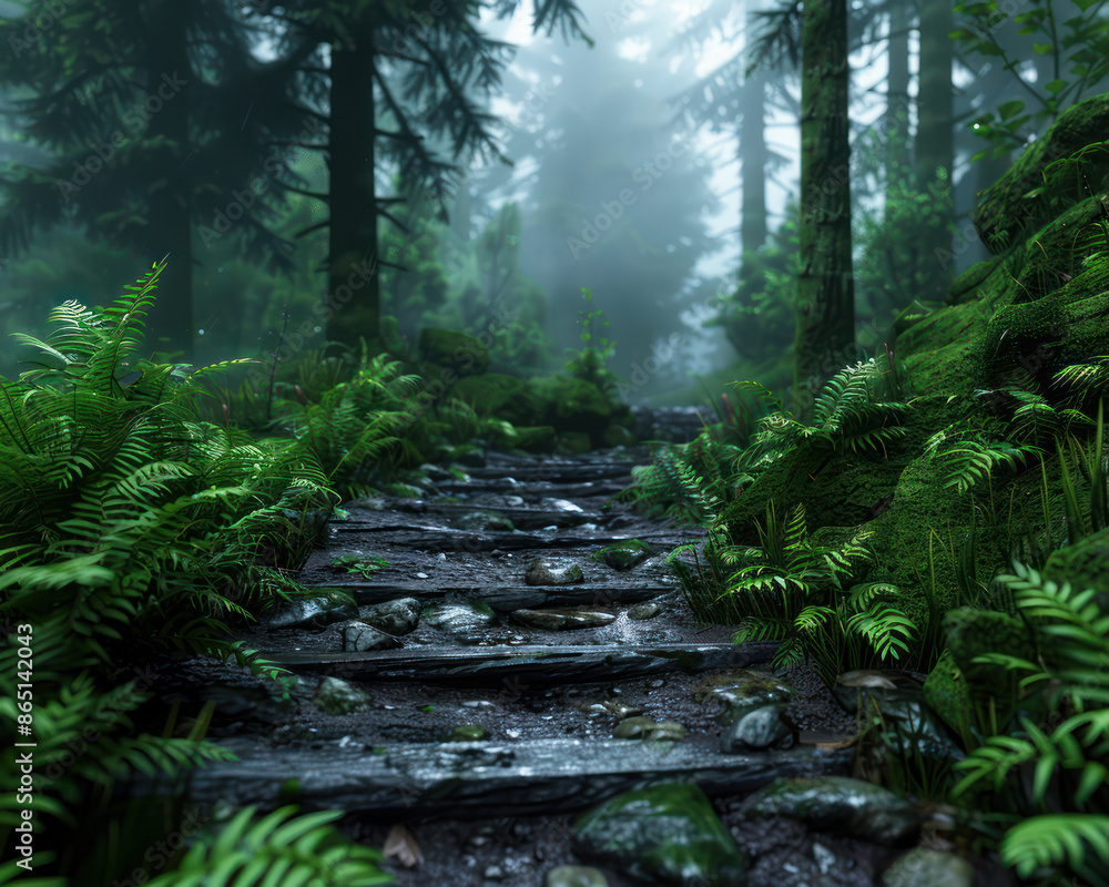 Aufkleber discover the spooky forest path with fog and shadows on a mysterious trail photorealistic high resol