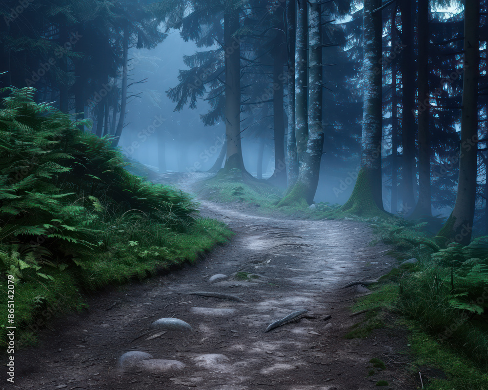 Aufkleber discover the spooky forest path with fog and shadows mysterious trail in high resolution and photore