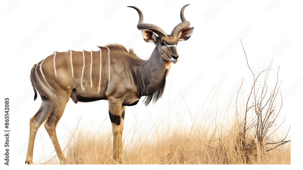 Poster 2. create a high-resolution image of a kudu showcasing its majestic spiral horns and distinctive mar