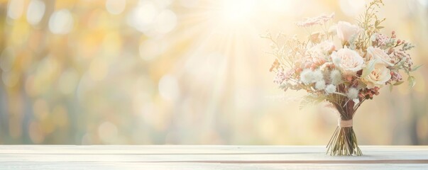 Elegant Floral Bouquet on White Table with Sunbeam Background