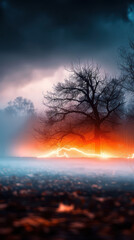 Naklejka premium Eerie Foggy Night in the Dark and Mysterious Forest with a Haunting Halloween Atmosphere Scary Trees, Spooky Lights, and a Chilling Creepy Scene Perfect for the Ultimate Nighttime Adventure