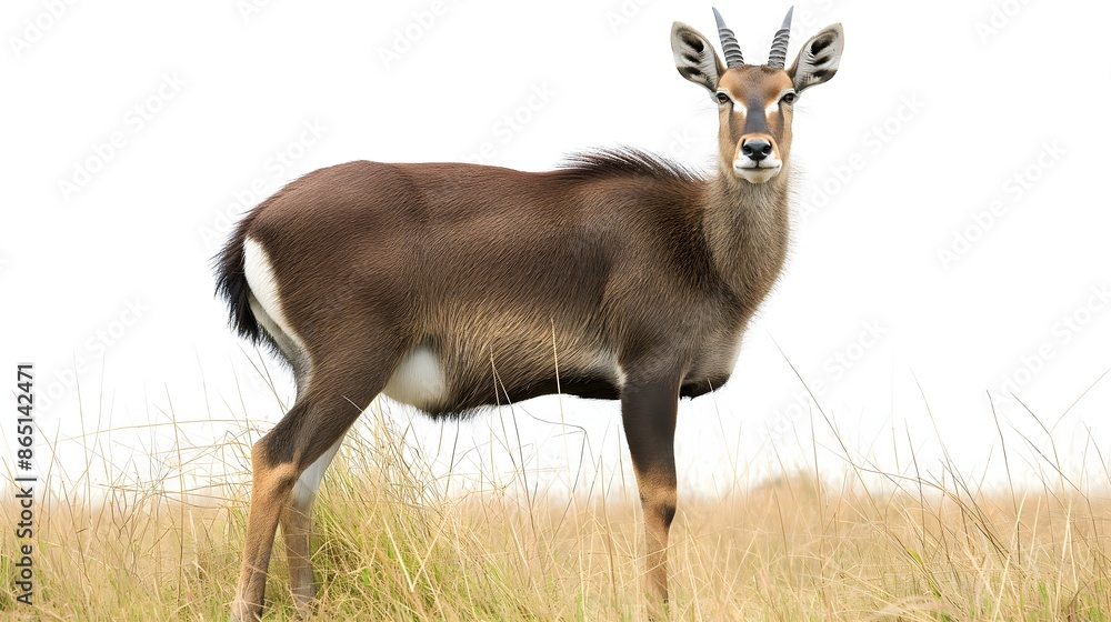 Poster 2. create a high-resolution image of a waterbuck highlighting its shaggy coat and distinctive white 