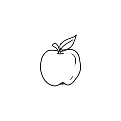 Tasty apple with leaf for children lunch at school in black isolated on white background. Hand drawn vector sketch illustration in doodle engraved vintage line art style. Coffee break