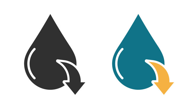 Water drop low level icon, moisture decrease arrow down sign vector graphic simple pictogram design set, drought symbol black white and blue color flat cartoon image clip art