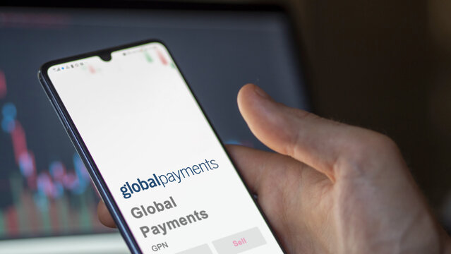 April 09th 2024 , Atlanta, Georgia. Close up on logo of Global Payments on the screen of an exchange. Global Payments price stocks, $GPN on a device.