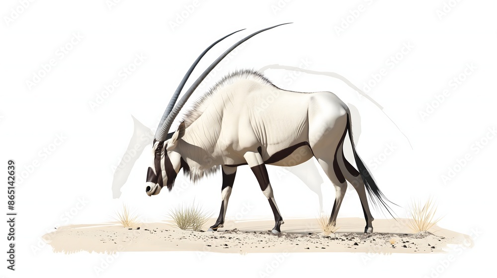 Poster 1. Generate a detailed digital illustration of an Oryx in full-body view, meticulously isolated on a transparent background. The image should be devoid of any text or logos, optimized for placement