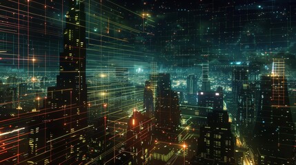 Naklejka premium Glowing Grids Futuristic Cityscape Illuminated by Digital Innovation