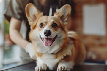 Smiling Pembroke Welsh Corgi Receiving Care at Veterinary Clinic