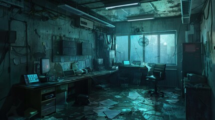 Abandoned cyberpunk office space with city view