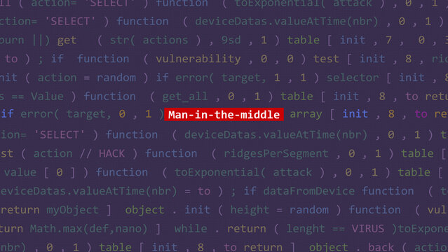 Cyber attack man-in-the-middle text in foreground screen of code editor developer studio point of vue. Vulnerability text in binary system ascii. Text in English, English text