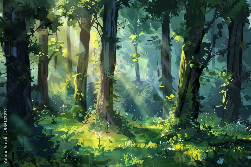 Poster a painting showcasing a dense forest with numerous towering trees creating a whimsical scene, a whim