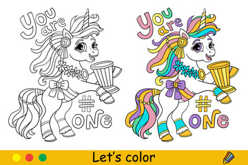 Kids coloring cute unicorn with goblet and lettering vector © alinart