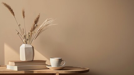 Elegant interior still life Modern organic geometric shaped vase with dry flowers grass Pile of old books cup of coffee on wooden table Home staging minimal decor concept Blank beige w : Generative AI