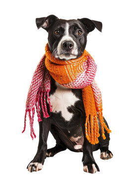A black and white dog wearing an orange and pink scarf. The dog is sitting and looking at the camera.