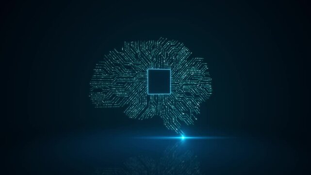 Artificial intelligence brain animation. Futuristic human brain circuit board. HUD technology. AI tech machine learning, face binary flow digital brain big data deep learning computer machine