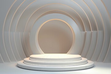 Obraz premium Empty white podium with circle background for product presentation. Concept of showcase, exhibition, display, and advertising.
