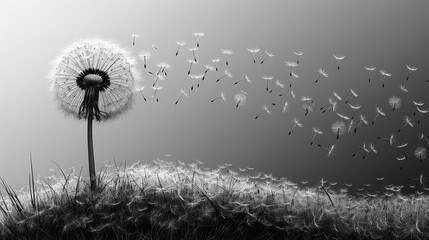 Line Art of Dandelion Seeds Floating Away