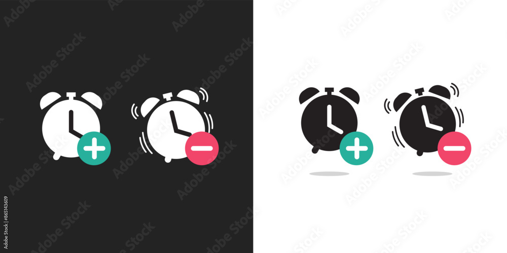 Poster add alarm clock button icon vector graphic illustration set simple modern design pictogram, reduce i