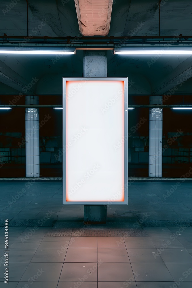 Poster a blank illuminated billboard in an empty subway station, ready for advertisement with dramatic ligh