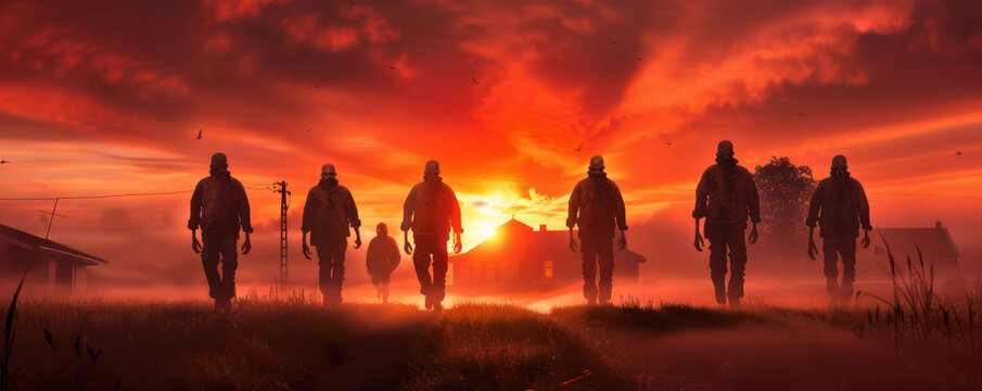 Group of Zombies Walking in a Neighborhood on Halloween Night in an Eerie Scene Spooky Halloween Zombies in Neighborhood Eerie Nighttime Zombie Walk Halloween Scary Eerie Scene