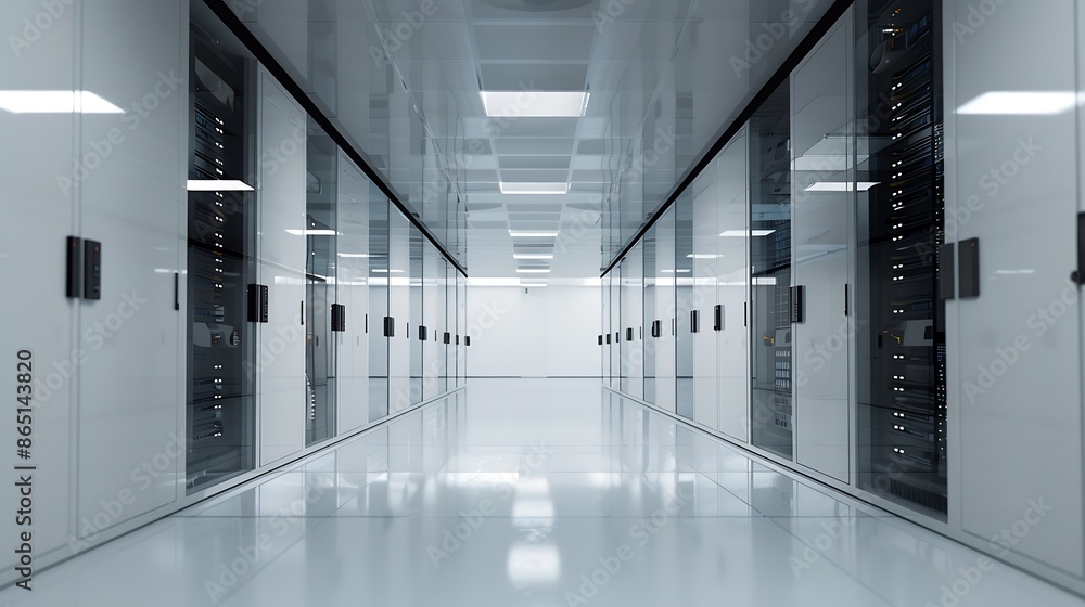 Aufkleber Inside Large Data Center Advanced Cloud Computing Concept Corridor with Server Racks and Cabinets full of Hard Drives : Generative AI