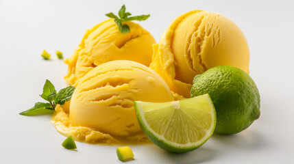 Fresh lime ice cream, simultaneous mix of sweet and sour flavor with mint on white background