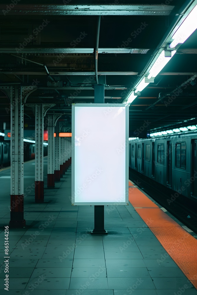 Poster an illuminated blank billboard in an empty subway station with dim lighting, ready for advertisement