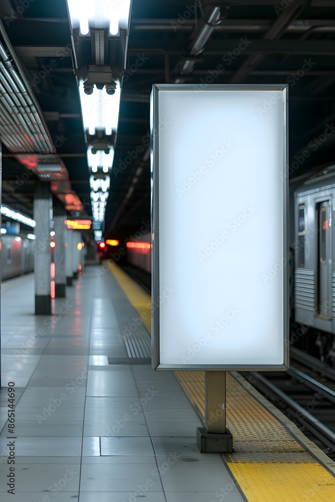 Poster blank advertisement billboard inside a modern subway station with empty platform and waiting train. 